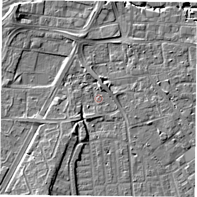 Shaded relief map of the ground around NG22HU, computed from Environment Agency LiDAR. The ground here sits at about 25 m above sea level and falls 8 m across the surrounding 800 m. Surface water reaching this point runs off ground lying to the south-south-west, 2.5 m higher.