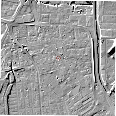 Shaded relief map of the ground around NG22HW, computed from Environment Agency LiDAR. The ground here sits at about 26 m above sea level and falls 9 m across the surrounding 800 m. Surface water reaching this point runs off ground lying to the north-east, 2.3 m higher.