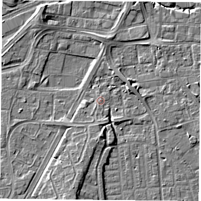 Shaded relief map of the ground around NG22HX, computed from Environment Agency LiDAR. The ground here sits at about 26 m above sea level and falls 8 m across the surrounding 800 m. Surface water reaching this point runs off ground lying to the south, 2.4 m higher.
