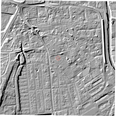 Shaded relief map of the ground around NG22HZ, computed from Environment Agency LiDAR. The ground here sits at about 25 m above sea level and falls 7 m across the surrounding 800 m. Surface water reaching this point runs off ground lying to the east-north-east, 1.5 m higher.