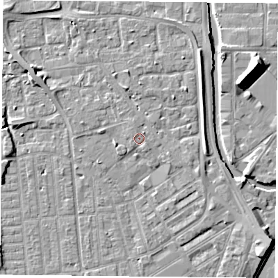 Shaded relief map of the ground around NG22JE, computed from Environment Agency LiDAR. The ground here sits at about 26 m above sea level and falls 10 m across the surrounding 800 m. Surface water reaching this point runs off ground lying to the north-north-west, 0.8 m higher.