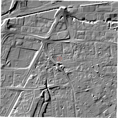 Shaded relief map of the ground around NG22JG, computed from Environment Agency LiDAR. The ground here sits at about 25 m above sea level and falls 8 m across the surrounding 800 m. Surface water reaching this point runs off ground lying to the south-south-west, 4.0 m higher.