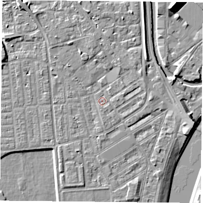 Shaded relief map of the ground around NG22JH, computed from Environment Agency LiDAR. The ground here sits at about 25 m above sea level and falls 10 m across the surrounding 800 m. Surface water reaching this point runs off ground lying to the north-east, 2.4 m higher.