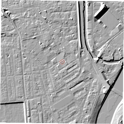 Shaded relief map of the ground around NG22JJ, computed from Environment Agency LiDAR. The ground here sits at about 25 m above sea level and falls 10 m across the surrounding 800 m. Surface water reaching this point runs off ground lying to the north-north-west, 2.2 m higher.
