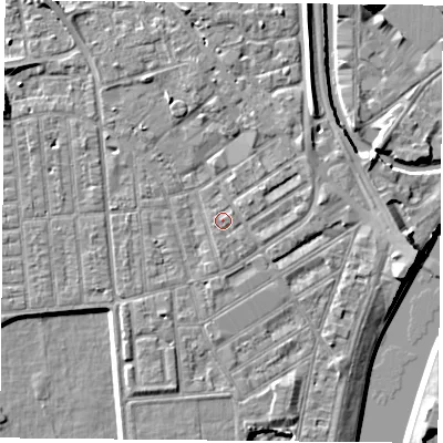 Shaded relief map of the ground around NG22JL, computed from Environment Agency LiDAR. The ground here sits at about 25 m above sea level and falls 8 m across the surrounding 800 m. Surface water reaching this point runs off ground lying to the north-east, 2.0 m higher.