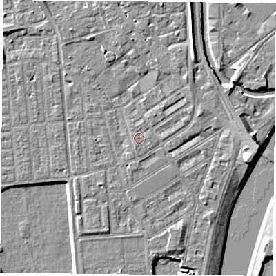 Shaded relief map of the ground around NG22JN, computed from Environment Agency LiDAR. The ground here sits at about 25 m above sea level and falls 7 m across the surrounding 800 m. The ground contributing surface water to this point lies to the east.