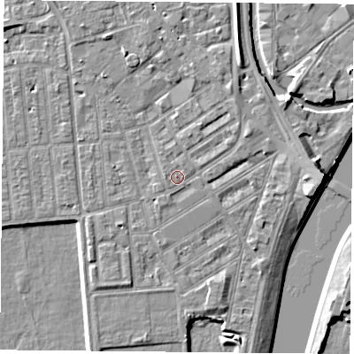 Shaded relief map of the ground around NG22JW, computed from Environment Agency LiDAR. The ground here sits at about 25 m above sea level and falls 7 m across the surrounding 800 m. Surface water reaching this point runs off ground lying to the south-south-west, 0.8 m higher.