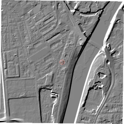 Shaded relief map of the ground around NG22JY, computed from Environment Agency LiDAR. The ground here sits at about 25 m above sea level and falls 7 m across the surrounding 800 m. Surface water reaching this point runs off ground lying to the north-north-east, 2.7 m higher.