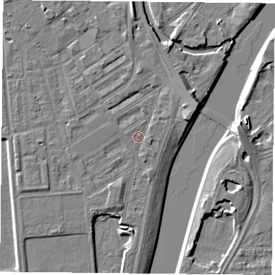 Shaded relief map of the ground around NG22JZ, computed from Environment Agency LiDAR. The ground here sits at about 25 m above sea level and falls 7 m across the surrounding 800 m. Surface water reaching this point runs off ground lying to the north-east, 2.7 m higher.