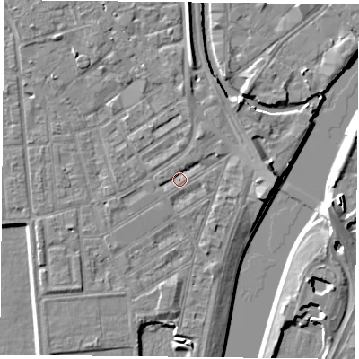 Shaded relief map of the ground around NG22LG, computed from Environment Agency LiDAR. The ground here sits at about 25 m above sea level and falls 7 m across the surrounding 800 m. Surface water reaching this point runs off ground lying to the north-north-east, 2.2 m higher.