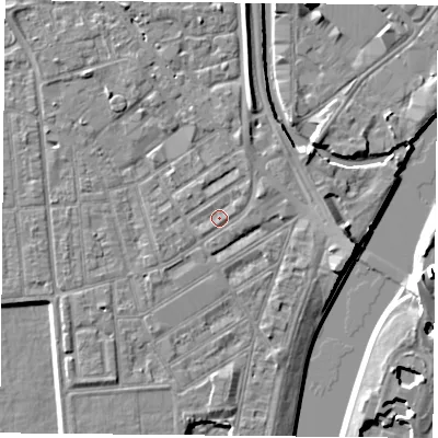 Shaded relief map of the ground around NG22LH, computed from Environment Agency LiDAR. The ground here sits at about 25 m above sea level and falls 7 m across the surrounding 800 m. Surface water reaching this point runs off ground lying to the north-east, 1.2 m higher.