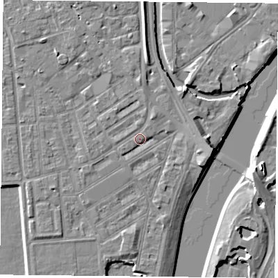 Shaded relief map of the ground around NG22LJ, computed from Environment Agency LiDAR. The ground here sits at about 25 m above sea level and falls 7 m across the surrounding 800 m. Surface water reaching this point runs off ground lying to the north-north-east, 2.2 m higher.