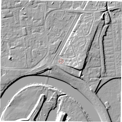 Shaded relief map of the ground around NG22NS, computed from Environment Agency LiDAR. The ground here sits at about 26 m above sea level and falls 10 m across the surrounding 800 m. Surface water reaching this point runs off ground lying to the east-south-east, 5.1 m higher.
