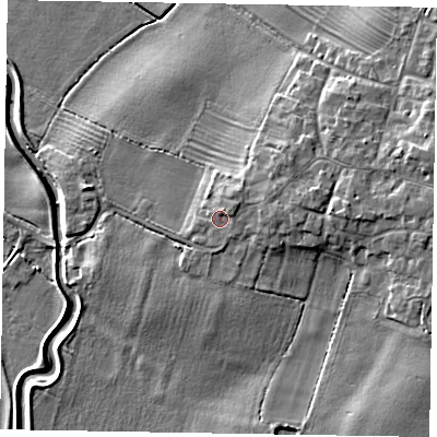 Shaded relief map of the ground around NG235AD, computed from Environment Agency LiDAR. The ground here sits at about 21 m above sea level and falls 10 m across the surrounding 800 m. Surface water reaching this point runs off ground lying to the north-east, 1.8 m higher.