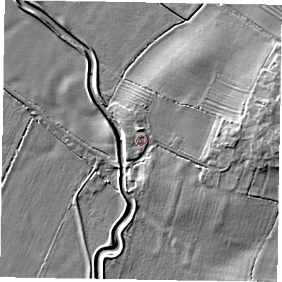 Shaded relief map of the ground around NG235AG, computed from Environment Agency LiDAR. The ground here sits at about 18 m above sea level and falls 9 m across the surrounding 800 m. Surface water reaching this point runs off ground lying to the north-north-east, 0.7 m higher.