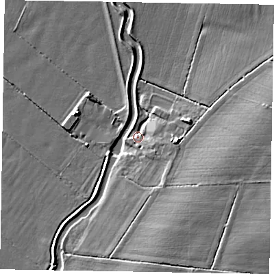 Shaded relief map of the ground around NG235AH, computed from Environment Agency LiDAR. The ground here sits at about 18 m above sea level and falls 11 m across the surrounding 800 m. Surface water reaching this point runs off ground lying to the east-south-east, 4.8 m higher.