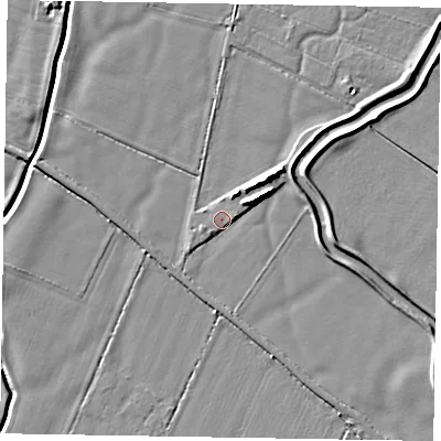 Shaded relief map of the ground around NG235AJ, computed from Environment Agency LiDAR. The ground here sits at about 15 m above sea level and falls 8 m across the surrounding 800 m. Surface water reaching this point runs off ground lying to the east-north-east, 5.6 m higher.