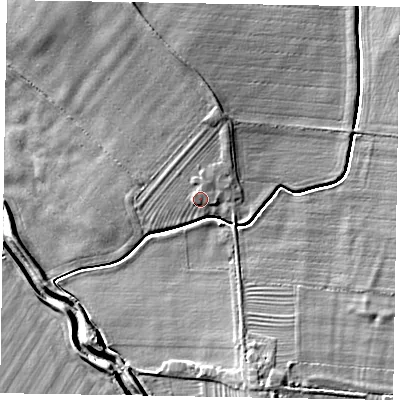 Shaded relief map of the ground around NG235AP, computed from Environment Agency LiDAR. The ground here sits at about 16 m above sea level and falls 7 m across the surrounding 800 m. Surface water reaching this point runs off ground lying to the north-north-east, 1.5 m higher.