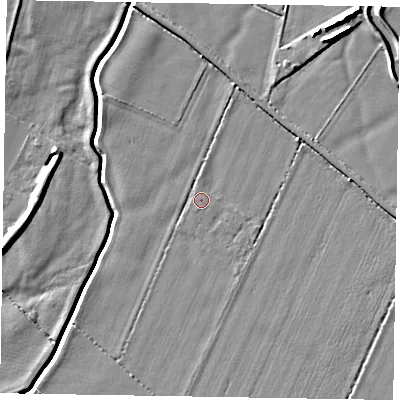 Shaded relief map of the ground around NG235AQ, computed from Environment Agency LiDAR. The ground here sits at about 15 m above sea level and falls 8 m across the surrounding 800 m. Surface water reaching this point runs off ground lying to the south-east, 1.4 m higher.
