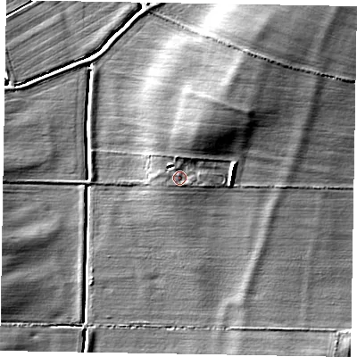 Shaded relief map of the ground around NG235AS, computed from Environment Agency LiDAR. The ground here sits at about 16 m above sea level and falls 7 m across the surrounding 800 m. Surface water reaching this point runs off ground lying to the north-north-east, 1.1 m higher.