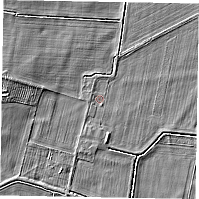 Shaded relief map of the ground around NG235DA, computed from Environment Agency LiDAR. The ground here sits at about 19 m above sea level and falls 5 m across the surrounding 800 m. Surface water reaching this point runs off ground lying to the south-south-west, 1.1 m higher.