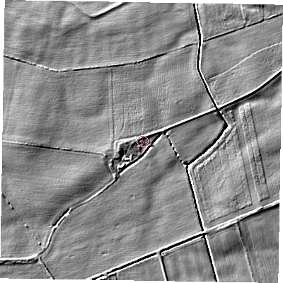Shaded relief map of the ground around NG235EA, computed from Environment Agency LiDAR. The ground here sits at about 17 m above sea level and falls 4 m across the surrounding 800 m. Surface water reaching this point runs off ground lying to the west-south-west, 0.9 m higher.