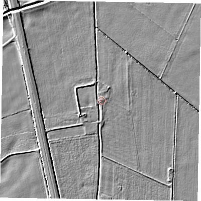 Shaded relief map of the ground around NG235EB, computed from Environment Agency LiDAR. The ground here sits at about 17 m above sea level and falls 6 m across the surrounding 800 m. Surface water reaching this point runs off ground lying to the west-south-west, 2.2 m higher.
