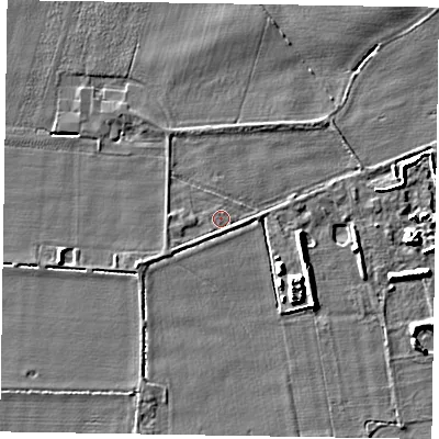 Shaded relief map of the ground around NG235ED, computed from Environment Agency LiDAR. The ground here sits at about 16 m above sea level and falls 7 m across the surrounding 800 m. Surface water reaching this point runs off ground lying to the south, 0.8 m higher.