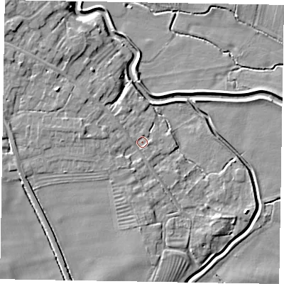 Shaded relief map of the ground around NG235ES, computed from Environment Agency LiDAR. The ground here sits at about 23 m above sea level and falls 7 m across the surrounding 800 m. Surface water reaching this point runs off ground lying to the west-south-west, 1.8 m higher.