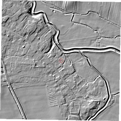 Shaded relief map of the ground around NG235FP, computed from Environment Agency LiDAR. The ground here sits at about 22 m above sea level and falls 7 m across the surrounding 800 m. Surface water reaching this point runs off ground lying to the west-south-west, 2.7 m higher.