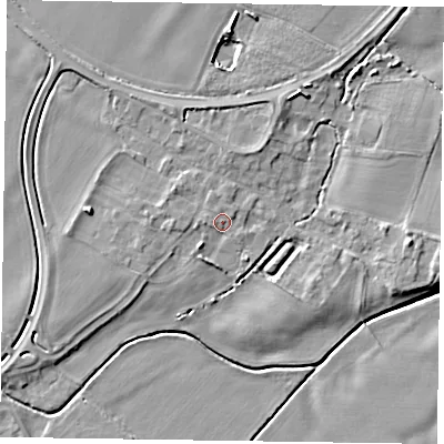 Shaded relief map of the ground around NG235FW, computed from Environment Agency LiDAR. The ground here sits at about 13 m above sea level and falls 7 m across the surrounding 800 m. Surface water reaching this point runs off ground lying to the west-north-west, 0.9 m higher.