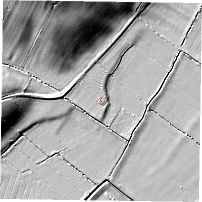 Shaded relief map of the ground around NG235GQ, computed from Environment Agency LiDAR. The ground here sits at about 16 m above sea level and falls 20 m across the surrounding 800 m. Surface water reaching this point runs off ground lying to the west, 3.1 m higher.
