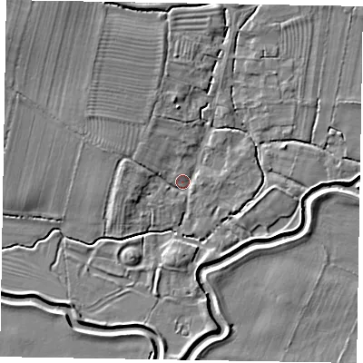 Shaded relief map of the ground around NG235GS, computed from Environment Agency LiDAR. The ground here sits at about 22 m above sea level and falls 7 m across the surrounding 800 m. Surface water reaching this point runs off ground lying to the north-west, 4.2 m higher.