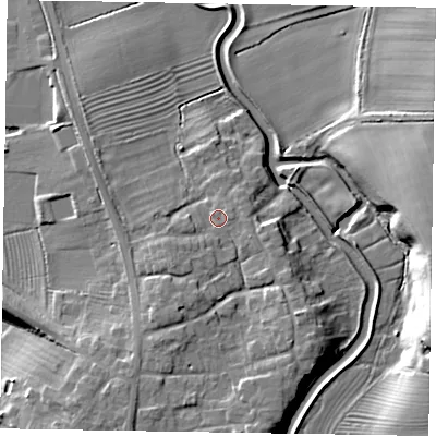 Shaded relief map of the ground around NG235HD, computed from Environment Agency LiDAR. The ground here sits at about 24 m above sea level and falls 15 m across the surrounding 800 m. Surface water reaching this point runs off ground lying to the south-east, 3.9 m higher.