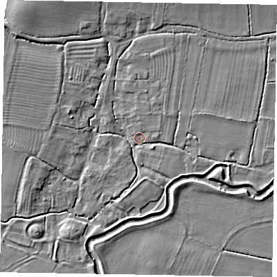 Shaded relief map of the ground around NG235HH, computed from Environment Agency LiDAR. The ground here sits at about 22 m above sea level and falls 7 m across the surrounding 800 m. Surface water reaching this point runs off ground lying to the north-north-east, 4.5 m higher.