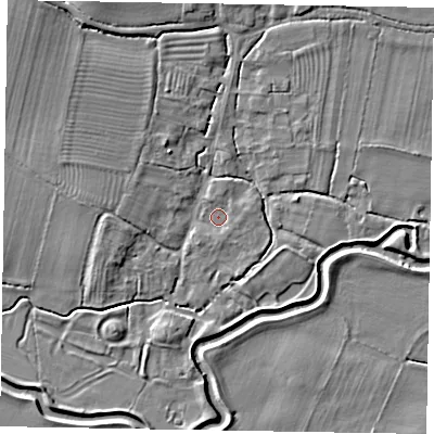 Shaded relief map of the ground around NG235HJ, computed from Environment Agency LiDAR. The ground here sits at about 22 m above sea level and falls 7 m across the surrounding 800 m. Surface water reaching this point runs off ground lying to the south, 1.0 m higher.