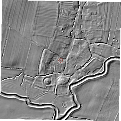 Shaded relief map of the ground around NG235HL, computed from Environment Agency LiDAR. The ground here sits at about 22 m above sea level and falls 7 m across the surrounding 800 m. Surface water reaching this point runs off ground lying to the north-west, 3.0 m higher.