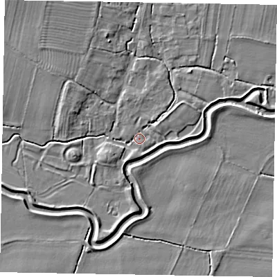 Shaded relief map of the ground around NG235HN, computed from Environment Agency LiDAR. The ground here sits at about 22 m above sea level and falls 5 m across the surrounding 800 m. Surface water reaching this point runs off ground lying to the north-east, 2.5 m higher.