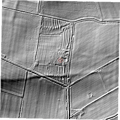 Shaded relief map of the ground around NG235HP, computed from Environment Agency LiDAR. The ground here sits at about 31 m above sea level and falls 14 m across the surrounding 800 m. Surface water reaching this point runs off ground lying to the west, 1.4 m higher.