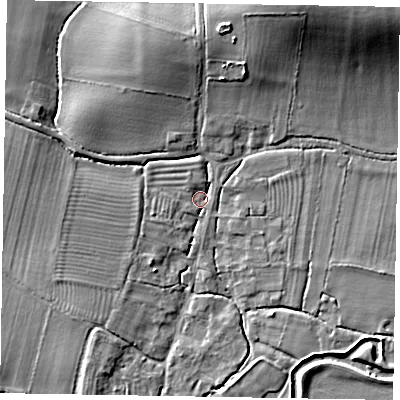Shaded relief map of the ground around NG235HQ, computed from Environment Agency LiDAR. The ground here sits at about 23 m above sea level and falls 17 m across the surrounding 800 m. Surface water reaching this point runs off ground lying to the north, 8.2 m higher.