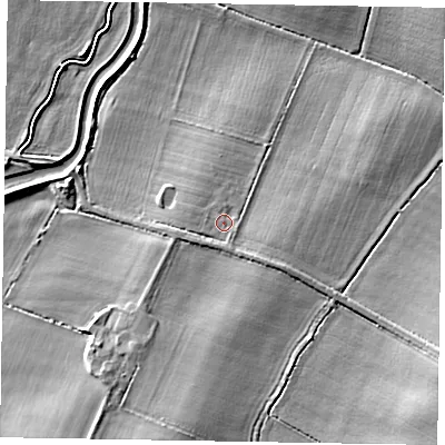 Shaded relief map of the ground around NG235JB, computed from Environment Agency LiDAR. The ground here sits at about 23 m above sea level and falls 15 m across the surrounding 800 m. Surface water reaching this point runs off ground lying to the south-south-east, 1.4 m higher.