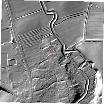 Shaded relief map of the ground around NG235JF, computed from Environment Agency LiDAR. The ground here sits at about 23 m above sea level and falls 15 m across the surrounding 800 m. Surface water reaching this point runs off ground lying to the south, 1.4 m higher.