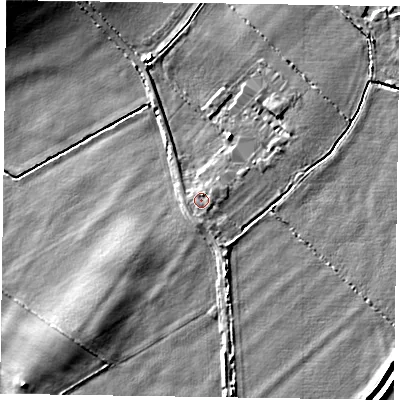 Shaded relief map of the ground around NG235JJ, computed from Environment Agency LiDAR. The ground here sits at about 18 m above sea level and falls 7 m across the surrounding 800 m. Surface water reaching this point runs off ground lying to the south, 0.6 m higher.