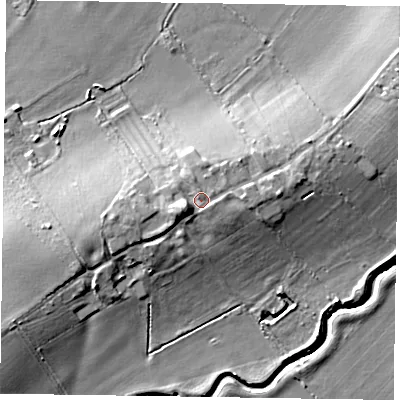 Shaded relief map of the ground around NG235JQ, computed from Environment Agency LiDAR. The ground here sits at about 22 m above sea level and falls 11 m across the surrounding 800 m. Surface water reaching this point runs off ground lying to the west-south-west, 3.2 m higher.