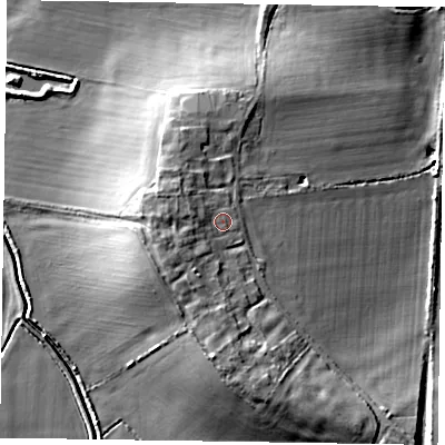 Shaded relief map of the ground around NG235JS, computed from Environment Agency LiDAR. The ground here sits at about 23 m above sea level and falls 14 m across the surrounding 800 m. Surface water reaching this point runs off ground lying to the west-south-west, 3.5 m higher.