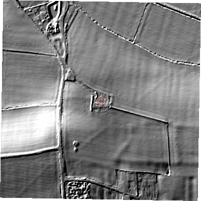 Shaded relief map of the ground around NG235JZ, computed from Environment Agency LiDAR. The ground here sits at about 25 m above sea level and falls 12 m across the surrounding 800 m. Surface water reaching this point runs off ground lying to the west-south-west, 2.0 m higher.