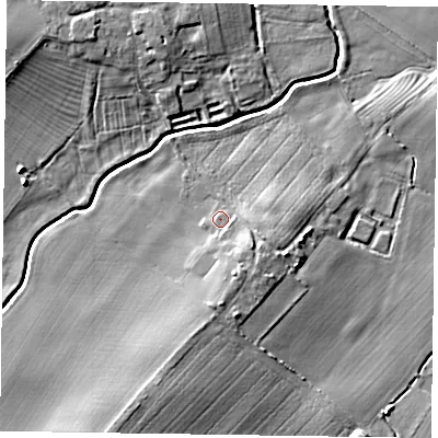 Shaded relief map of the ground around NG235PN, computed from Environment Agency LiDAR. The ground here sits at about 17 m above sea level and falls 8 m across the surrounding 800 m. Surface water reaching this point runs off ground lying to the south-south-east, 3.8 m higher.
