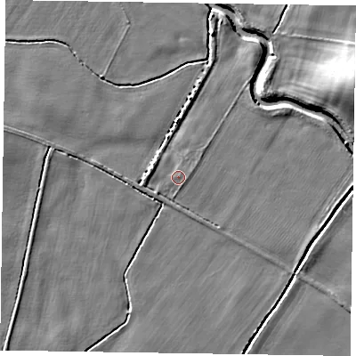 Shaded relief map of the ground around NG235PP, computed from Environment Agency LiDAR. The ground here sits at about 15 m above sea level and falls 10 m across the surrounding 800 m. Surface water reaching this point runs off ground lying to the east-north-east, 0.5 m higher.