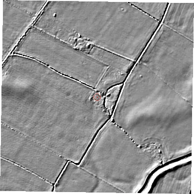Shaded relief map of the ground around NG235PR, computed from Environment Agency LiDAR. The ground here sits at about 15 m above sea level and falls 3 m across the surrounding 800 m. Surface water reaching this point runs off ground lying to the west-south-west, 0.5 m higher.