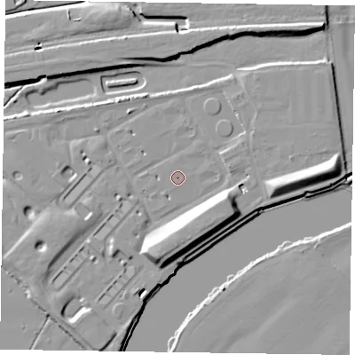 Shaded relief map of the ground around NG235PS, computed from Environment Agency LiDAR. The ground here sits at about 13 m above sea level and falls 10 m across the surrounding 800 m. Surface water reaching this point runs off ground lying to the east-south-east, 8.5 m higher.